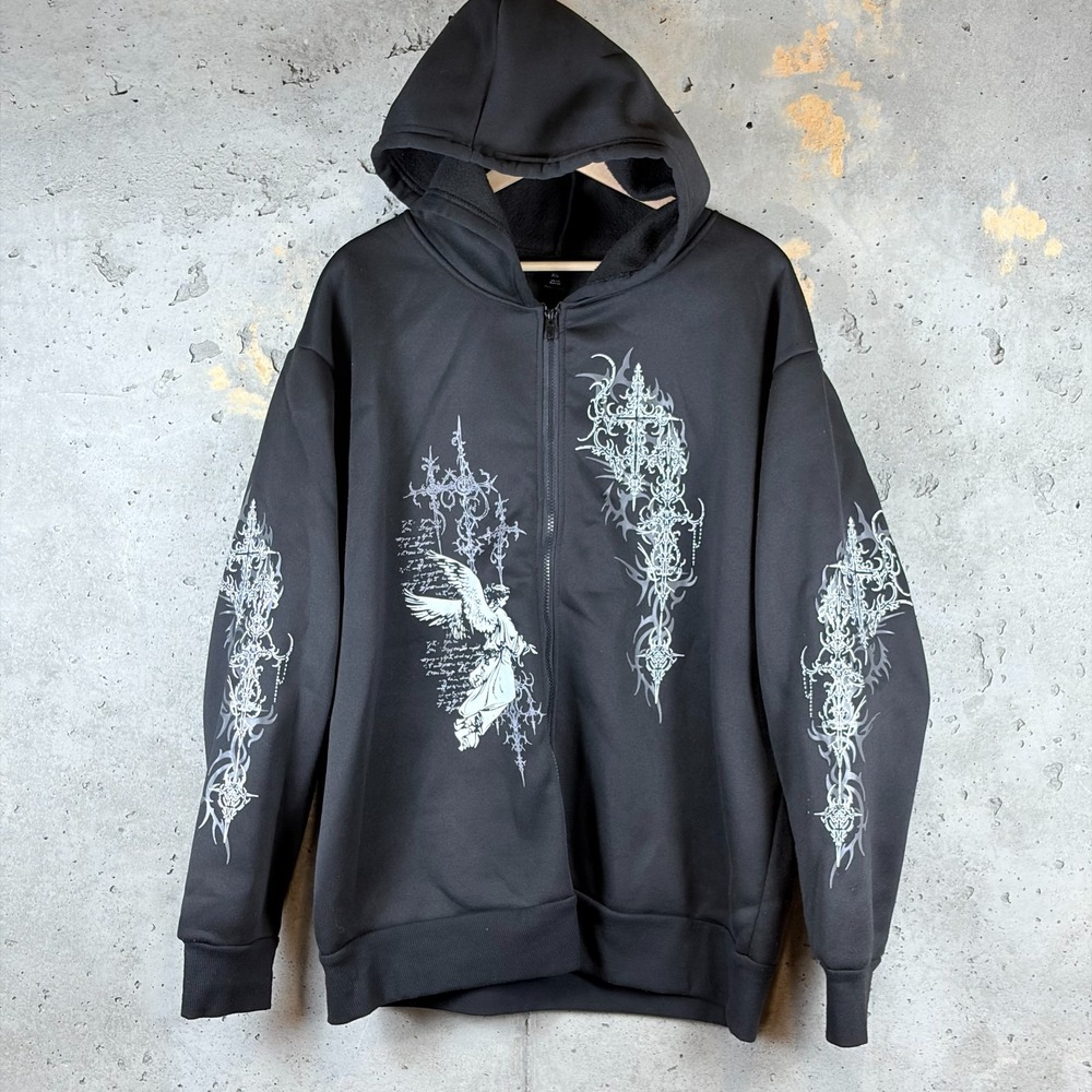Romwe Goth Cross Thorn Angel Print Hoodie Mens XL Black Fleece Zip Skate